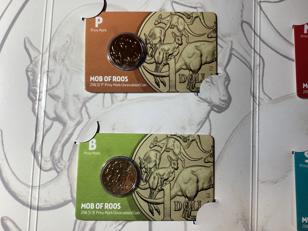 2016 ANDA Money Expo Complete Mob of Roos 4 Coin Folder. ‘P’, ‘B’, ‘M’, ’S’ Privy Mark Coins.