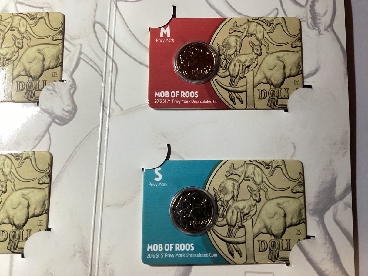 2016 ANDA Money Expo Complete Mob of Roos 4 Coin Folder. ‘P’, ‘B’, ‘M’, ’S’ Privy Mark Coins.