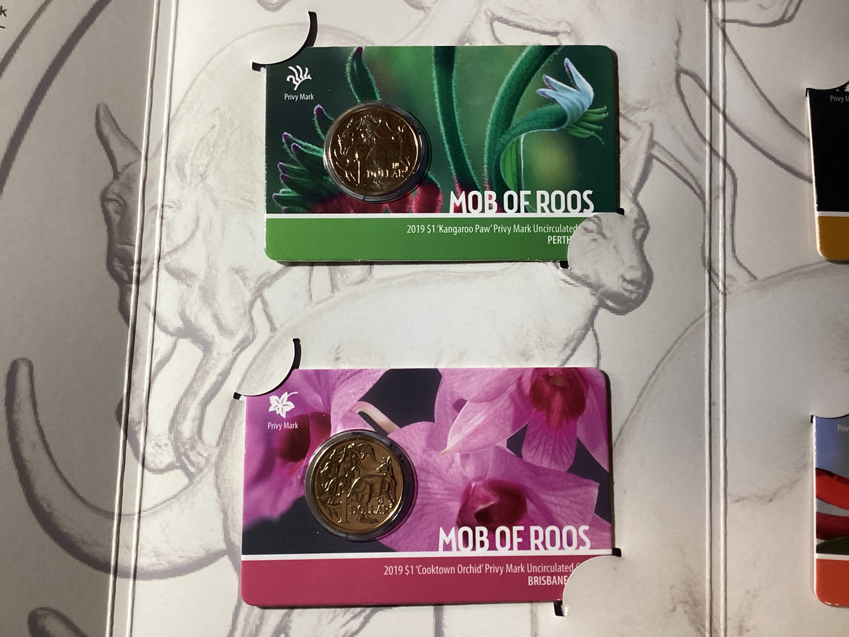 2019 ANDA Money Expo Complete Mob of Roos 4 Coin Folder. Kangaroo Paw, Cooktown Orchid, Common Health, Waratah Privy Mark Coins.