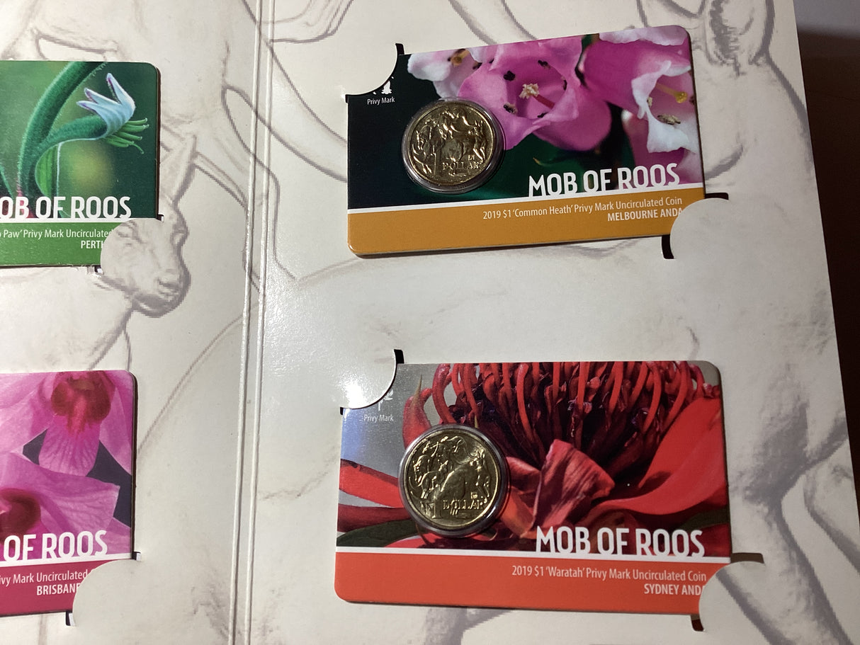 2019 ANDA Money Expo Complete Mob of Roos 4 Coin Folder. Kangaroo Paw, Cooktown Orchid, Common Health, Waratah Privy Mark Coins.