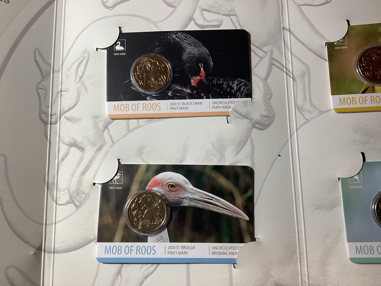 2020 ANDA Money Expo Complete Mob of Roos 4 Coin Folder. Black Swan, Brolga, Helmeted Honeyeater, Kookaburra Privy Mark Coins.