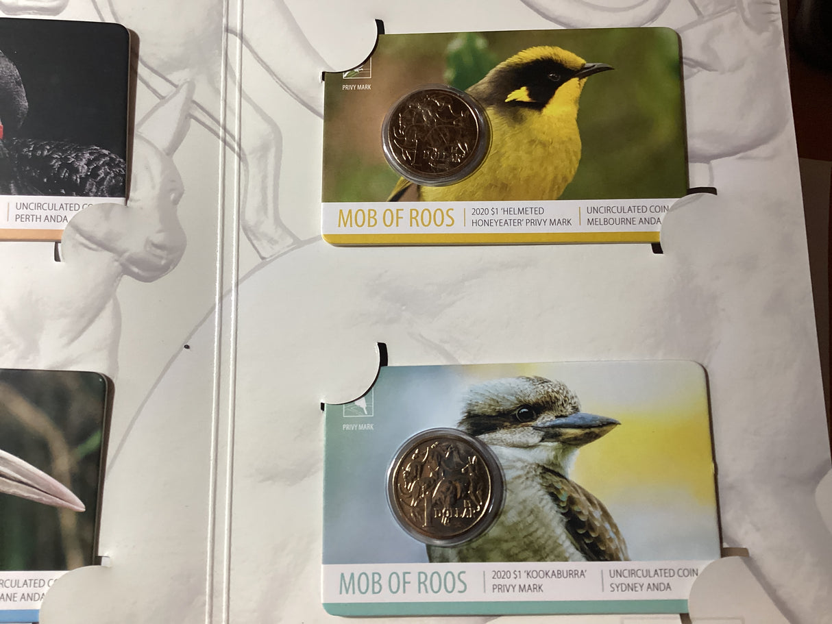2020 ANDA Money Expo Complete Mob of Roos 4 Coin Folder. Black Swan, Brolga, Helmeted Honeyeater, Kookaburra Privy Mark Coins.
