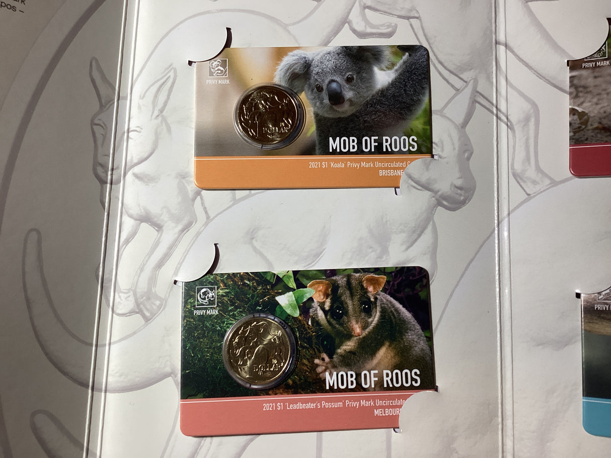 2021 ANDA Money Expo Complete Mob of Roos 4 Coin Folder. Koala, Leadbeter’s Possum, Numbat, Platypus Privy Mark Coins.