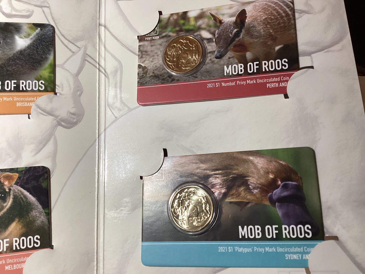 2021 ANDA Money Expo Complete Mob of Roos 4 Coin Folder. Koala, Leadbeter’s Possum, Numbat, Platypus Privy Mark Coins.