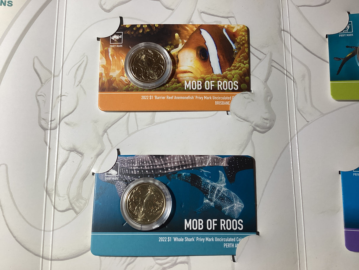 2022 ANDA Money Expo Complete Mob of Roos 4 Coin Folder. Barrier Reef Anemonefish, Whale Shark, Weedy Seadragon, Eastern Blue Groper Privy Mark Coins.