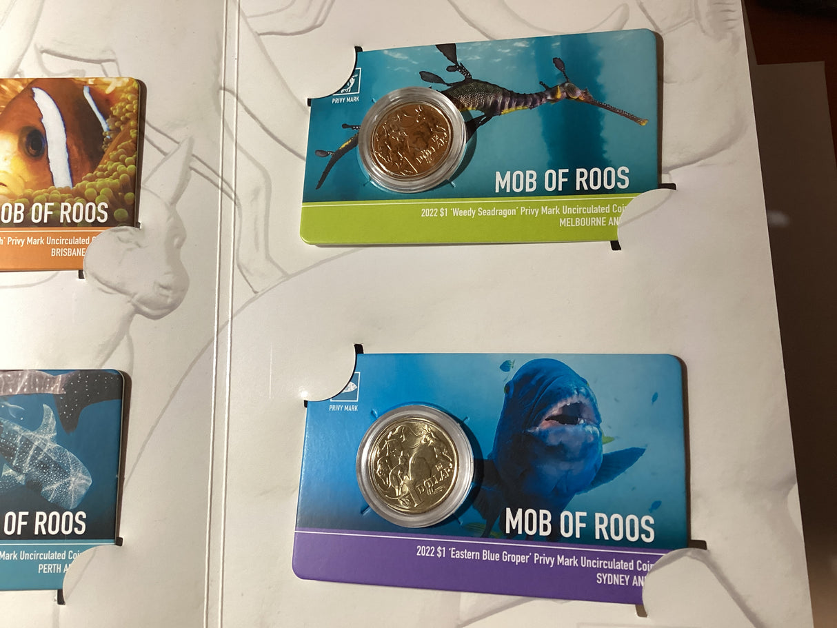 2022 ANDA Money Expo Complete Mob of Roos 4 Coin Folder. Barrier Reef Anemonefish, Whale Shark, Weedy Seadragon, Eastern Blue Groper Privy Mark Coins.