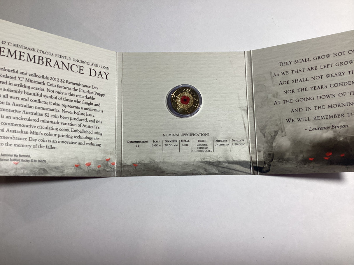 2012 $2 ‘C’ Mintmark Red Poppy Uncirculated Carded Coin.