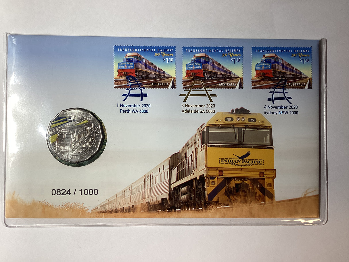 2020 50c Coloured PNC. The Indian Pacific. 1000 Made.