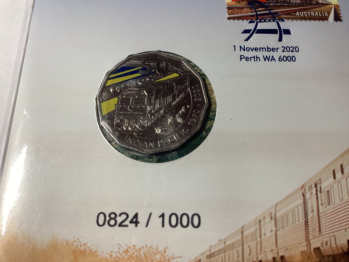 2020 50c Coloured PNC. The Indian Pacific. 1000 Made.