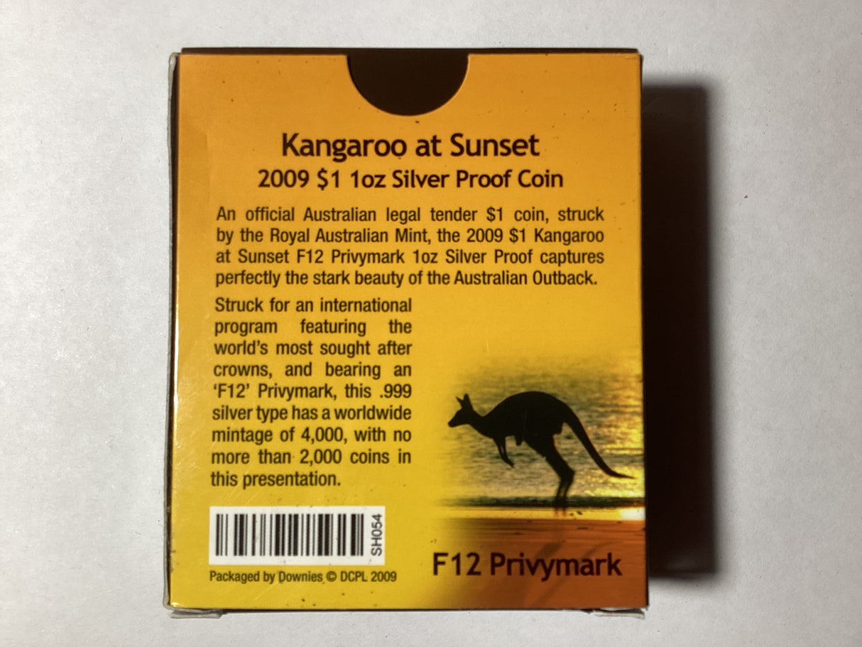 2009 Kangaroo At Sunset 1oz Silver Proof Coin. F12 Privy Mark.