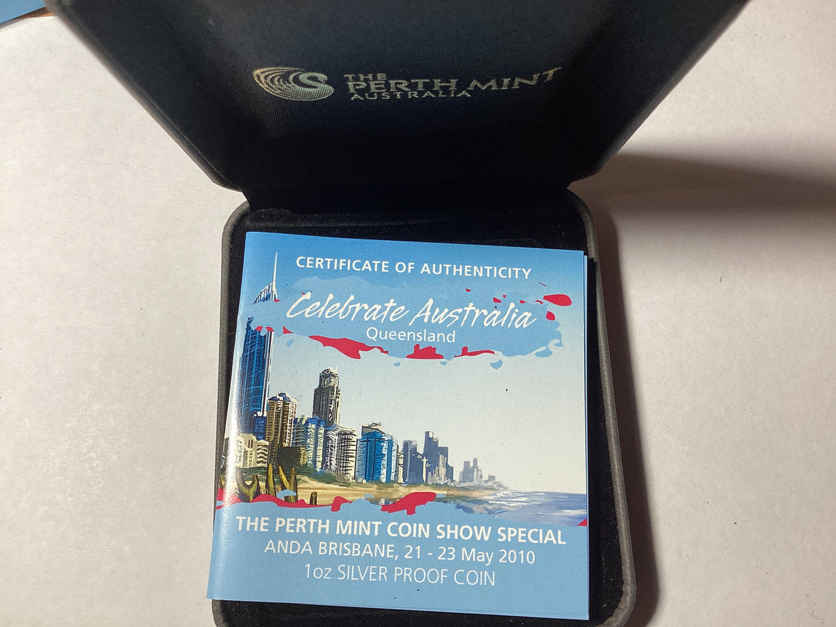 2010 Celebrate Australia. Queensland. 1oz Silver Proof Coin. ANDA Show Brisbane.