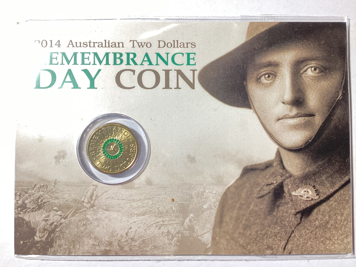 2014 $2 Green Dove Remembrance Day. Downies Card.