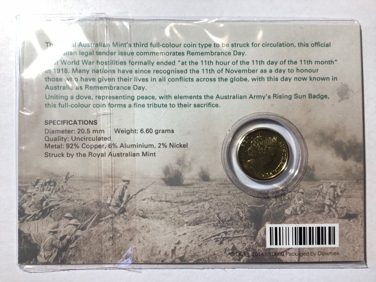 2014 $2 Green Dove Remembrance Day. Downies Card.