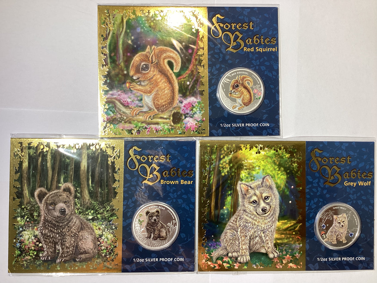 2013 50c Forest Babies. Three Coin 1/2oz Silver Proof Coin Set. Red Squirrel, Brown Bear, Grey Wolf.