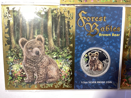 2013 50c Forest Babies. Three Coin 1/2oz Silver Proof Coin Set. Red Squirrel, Brown Bear, Grey Wolf.