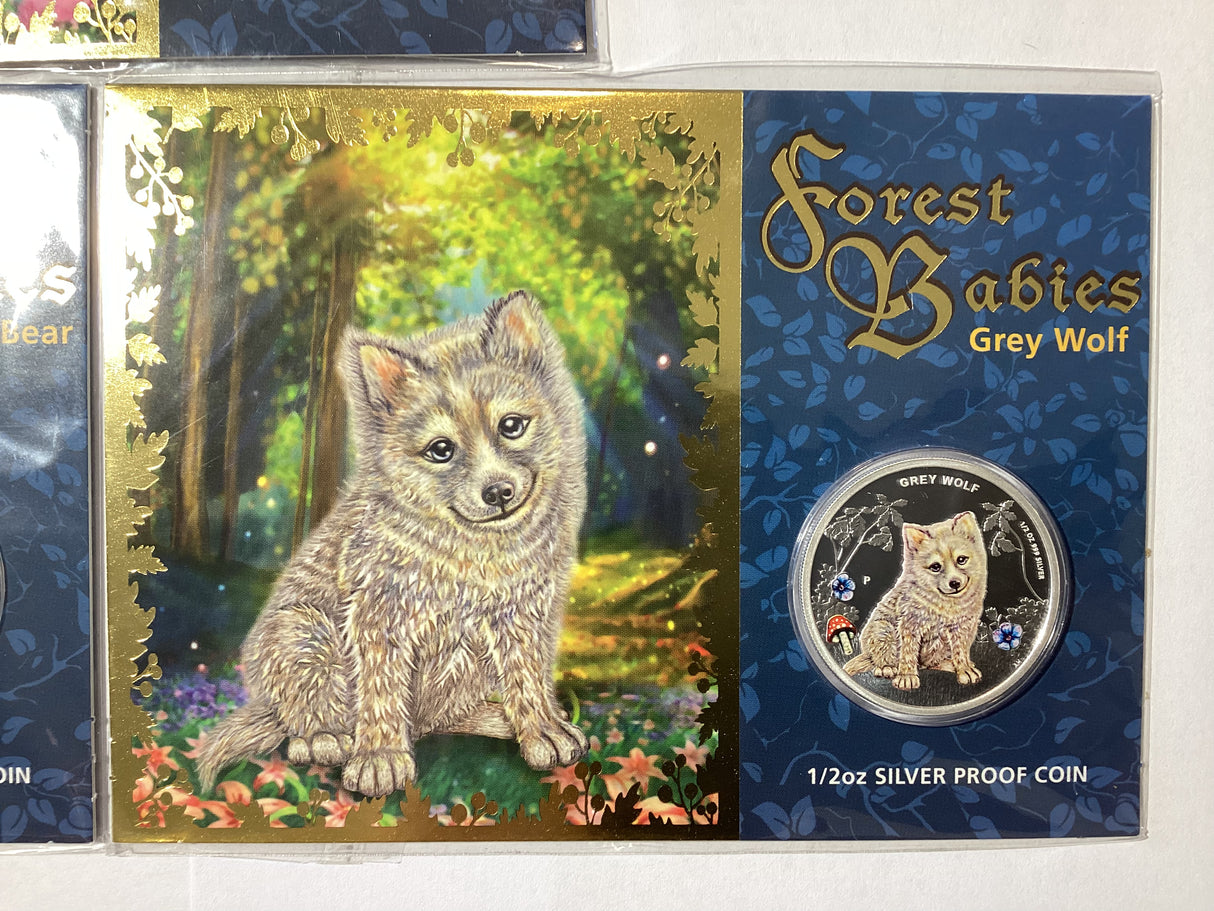 2013 50c Forest Babies. Three Coin 1/2oz Silver Proof Coin Set. Red Squirrel, Brown Bear, Grey Wolf.