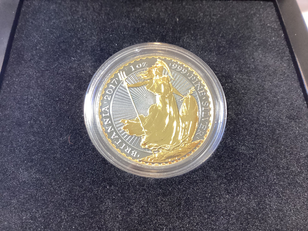 2017 2 Pound. Britannia Gold Enigma Premium Edition. 1oz Silver Proof Gilded Coin.