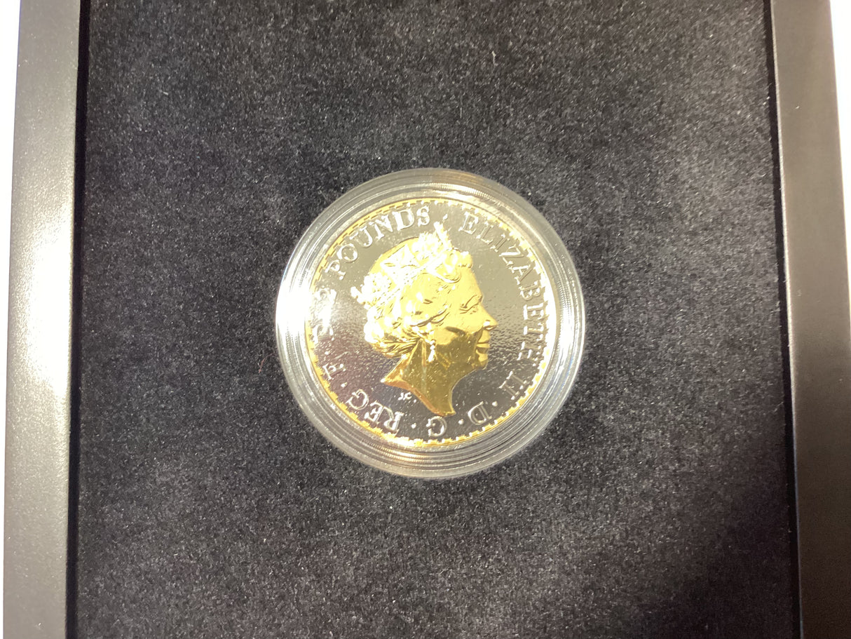 2017 2 Pound. Britannia Gold Enigma Premium Edition. 1oz Silver Proof Gilded Coin.