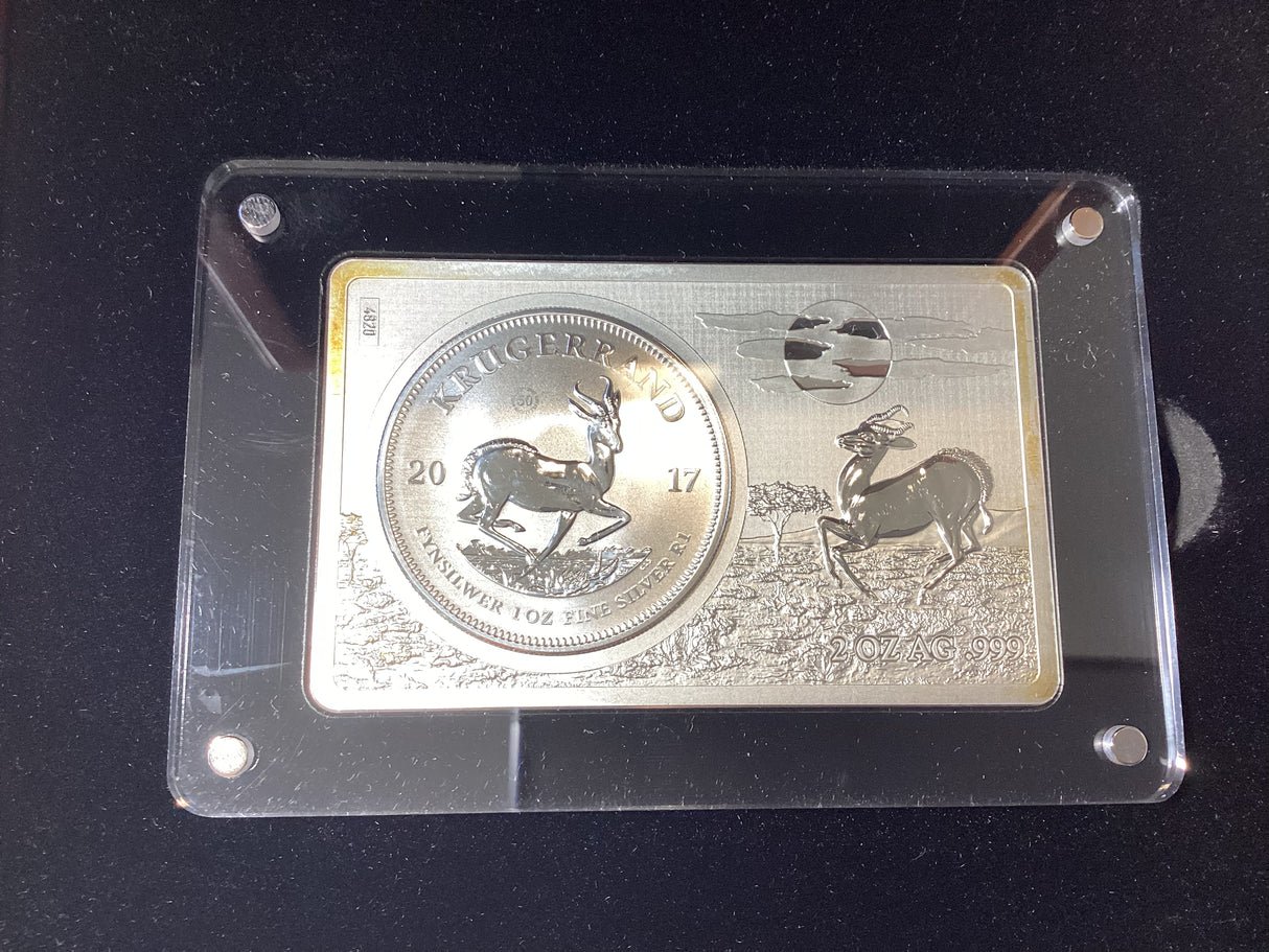 2017 The Most Famous Bullion Coin Bar Series. 50th Anniversary of the Krugerrand. 2oz Silver Bar with 1oz Silver Coin.