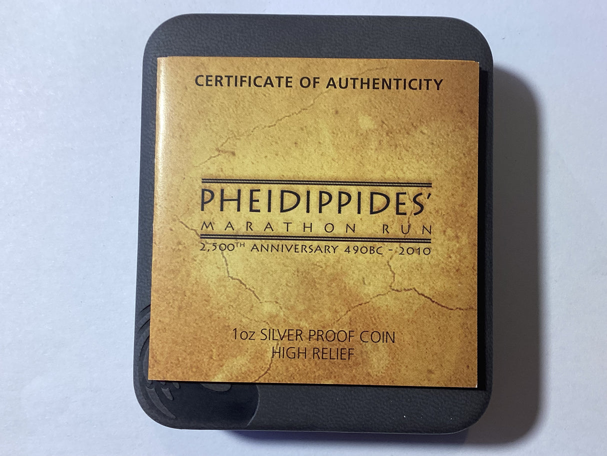 2010 $1 Pheidippides’ Parathion Run 2,500th Anniversary. 1oz Silver Proof High Relief Coin.