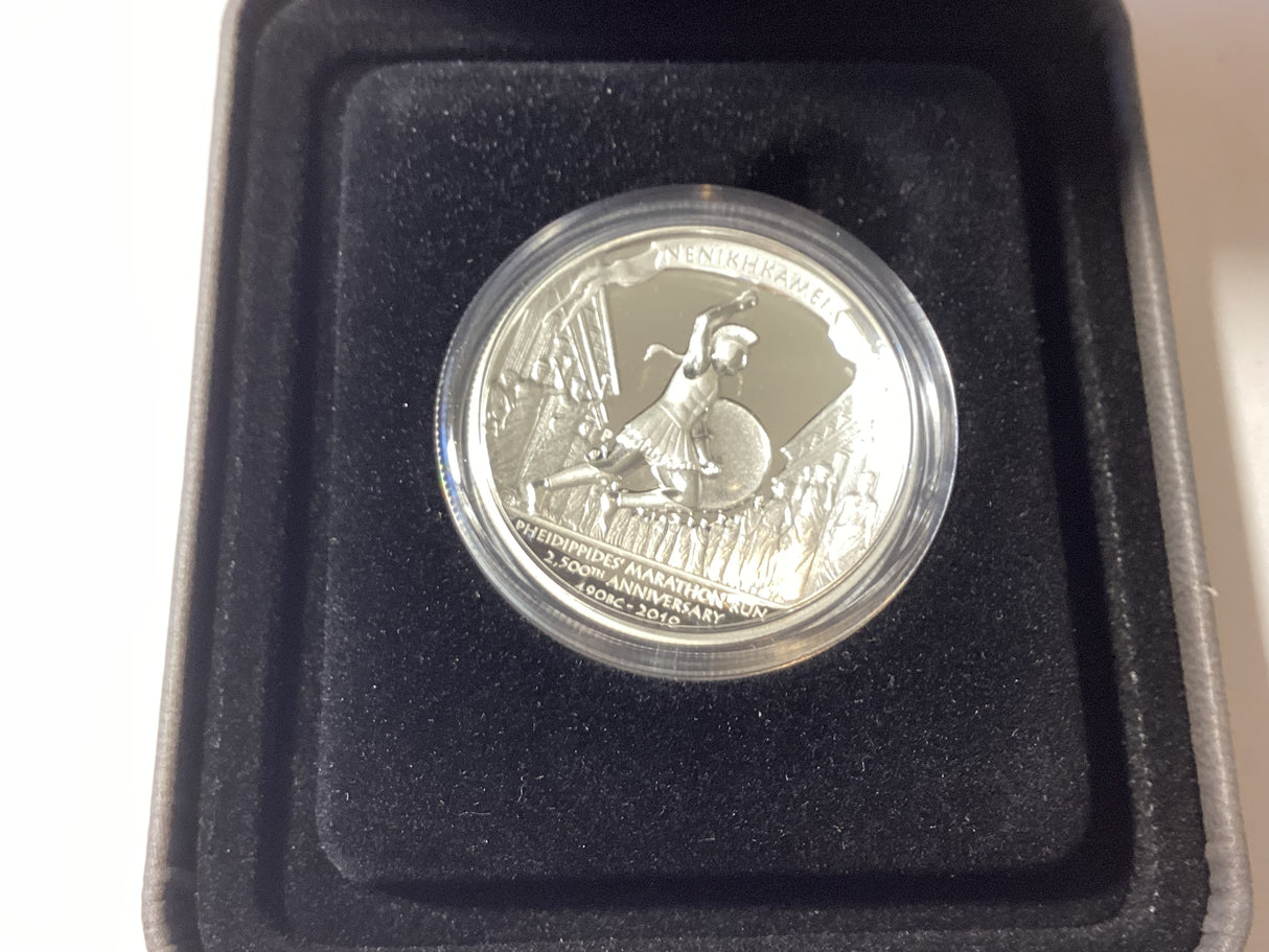 2010 $1 Pheidippides’ Parathion Run 2,500th Anniversary. 1oz Silver Proof High Relief Coin.