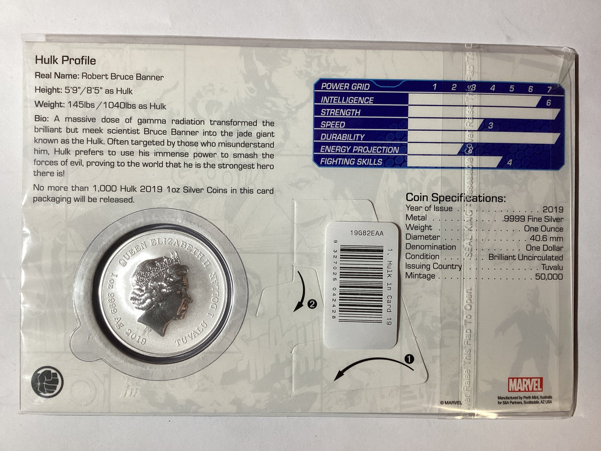 2019 $1 1oz Silver Coin. Marvel. Hulk.