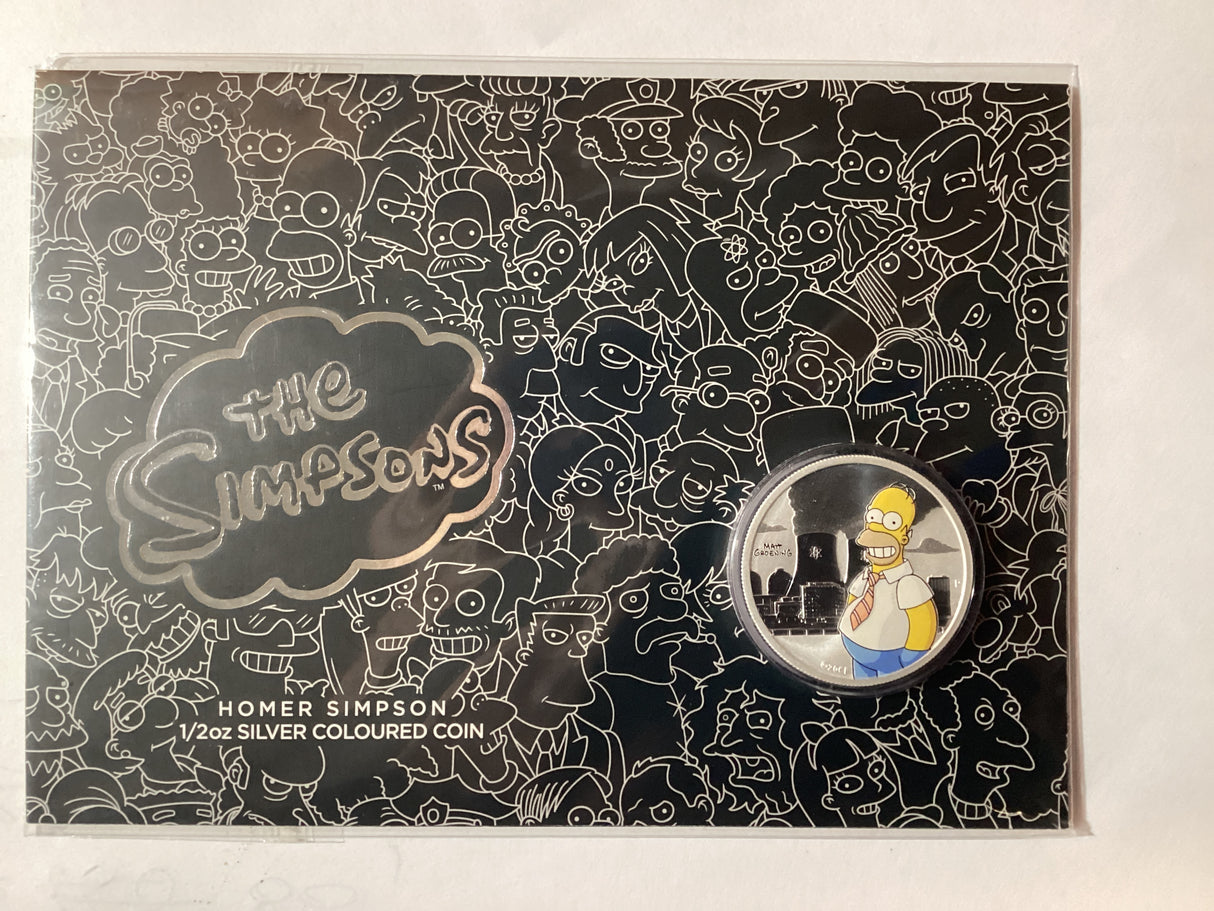 2020 50c 1/2oz Silver Coloured Carded Coin. Homer Simpson.