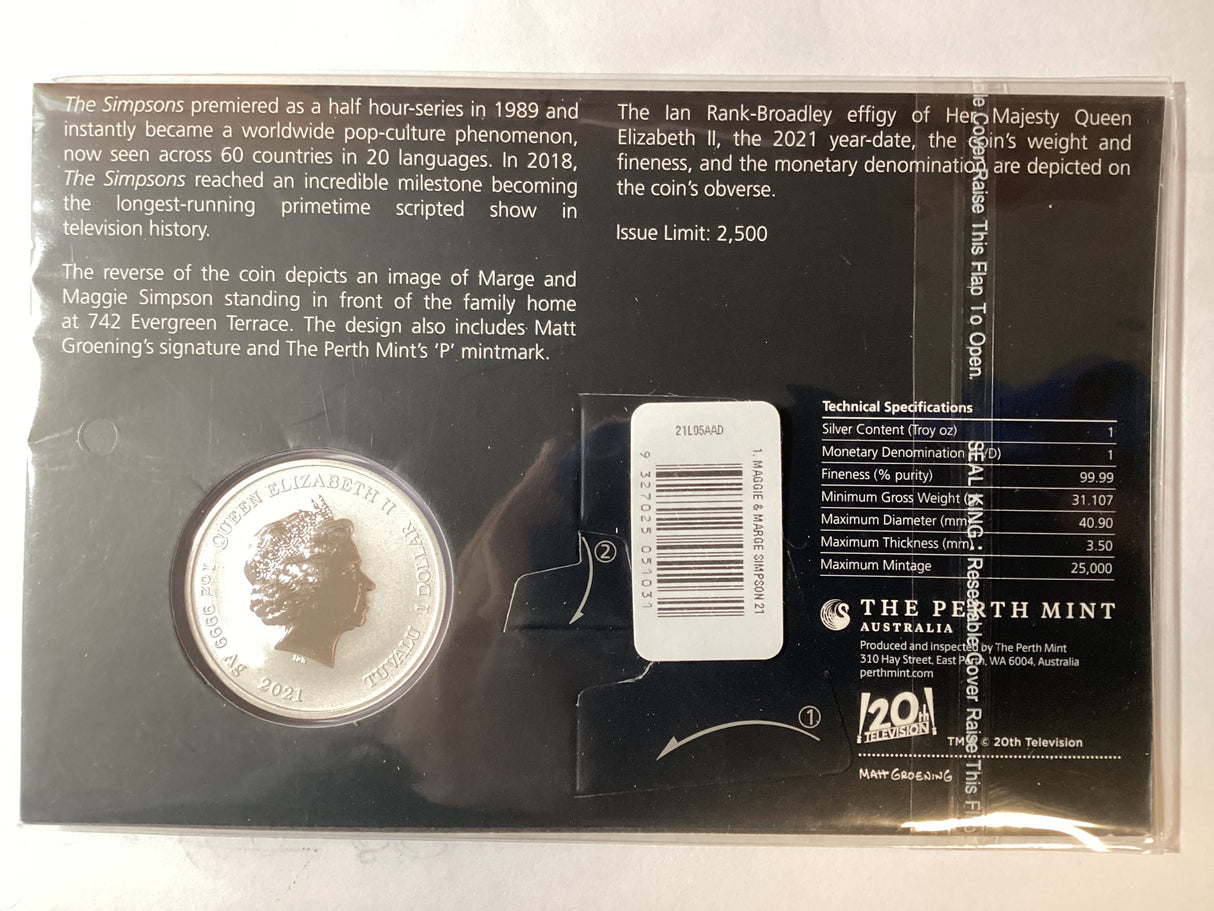 2021 $1 1oz Silver Carded Coin. The Simpsons. Marge and Maggie Simpson.