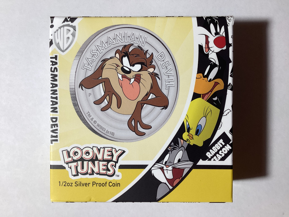 2018 50c 1/2 Ounce Silver Proof Coloured Coin. Looney Tunes. Tasmanian Devil.