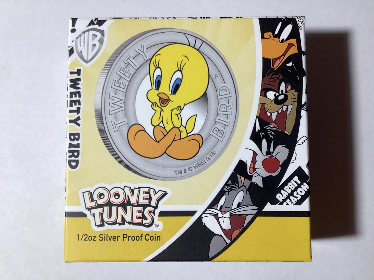 2018 50c 1/2 Ounce Silver Proof Coloured Coin. Looney Tunes. Tweety Bird.