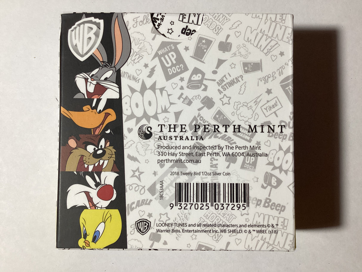 2018 50c 1/2 Ounce Silver Proof Coloured Coin. Looney Tunes. Tweety Bird.