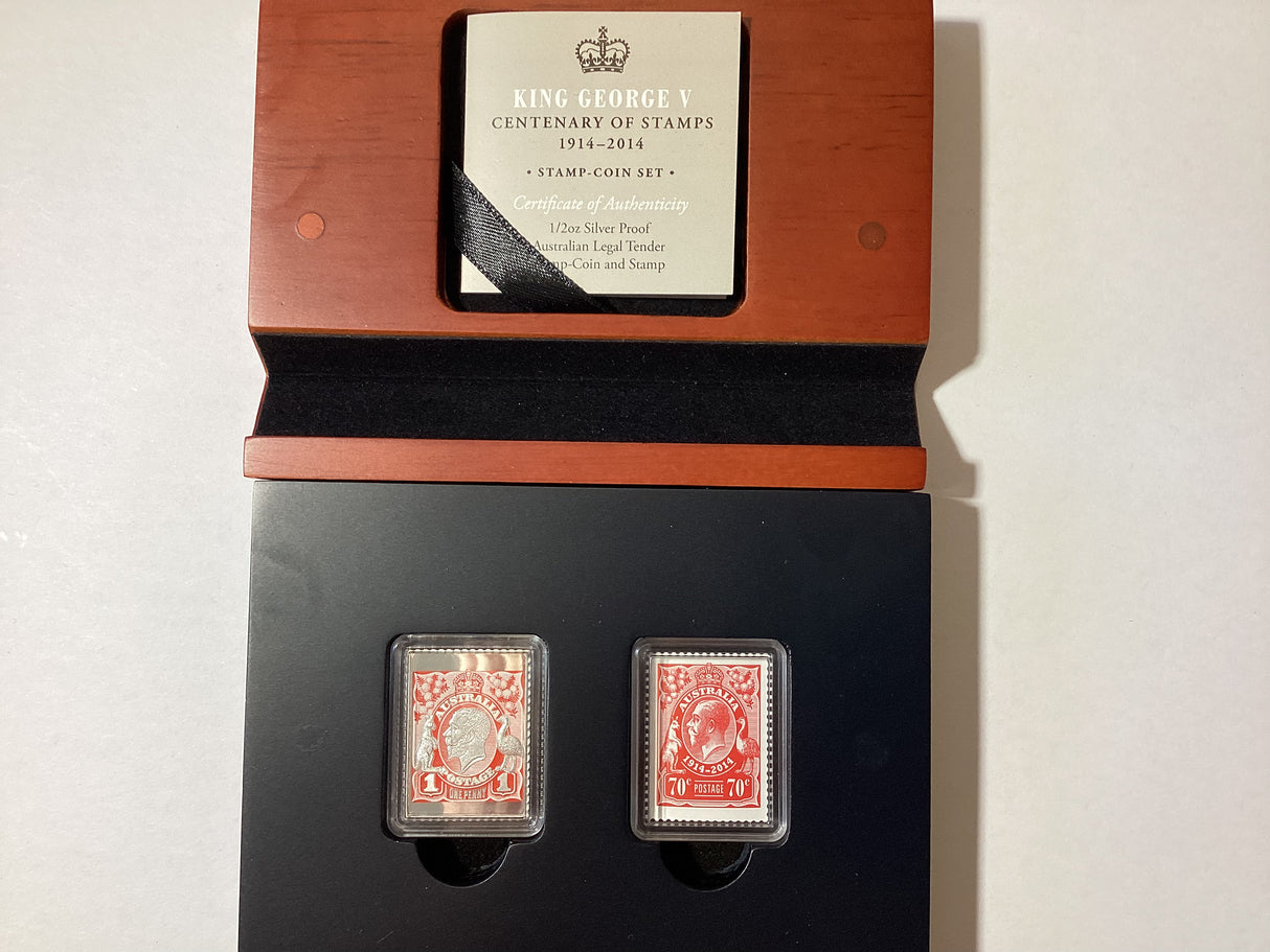 2014 King George V Centenary of Stamps. Stamp and Coin Set.