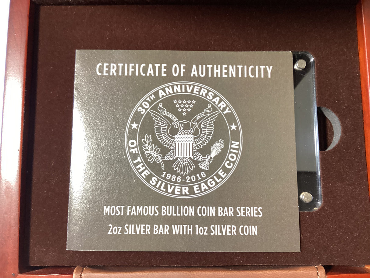 2016 30th Anniversary of the Silver Eagle Coin. Most Famous Bullion Coin Bar Series. 2oz Silver Bar with 1oz Silver Coin.