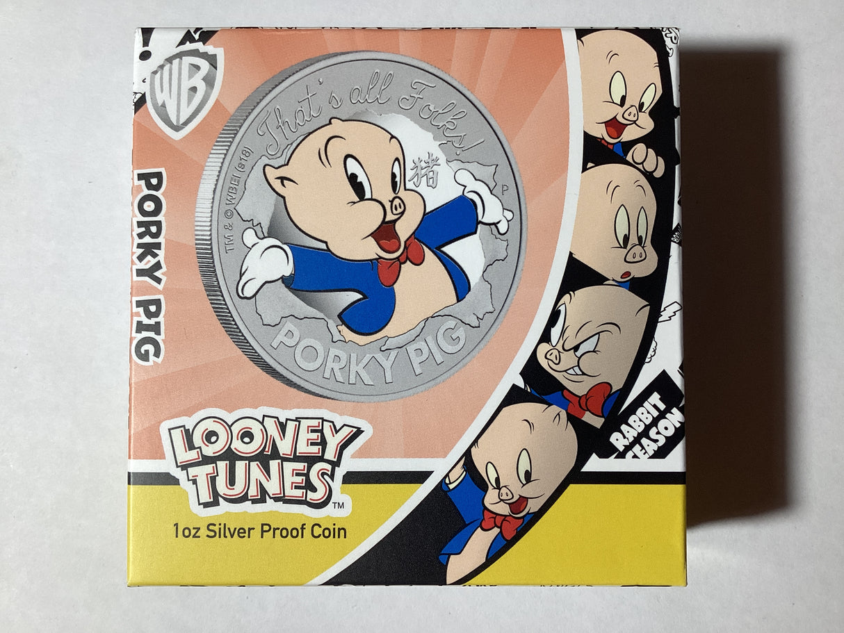 2019 $1 1oz Silver Proof Coloured Coin. Looney Tunes. Porky Pig.