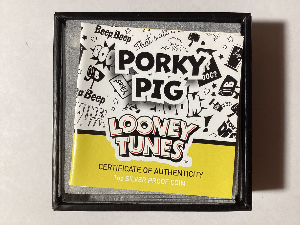 2019 $1 1oz Silver Proof Coloured Coin. Looney Tunes. Porky Pig.