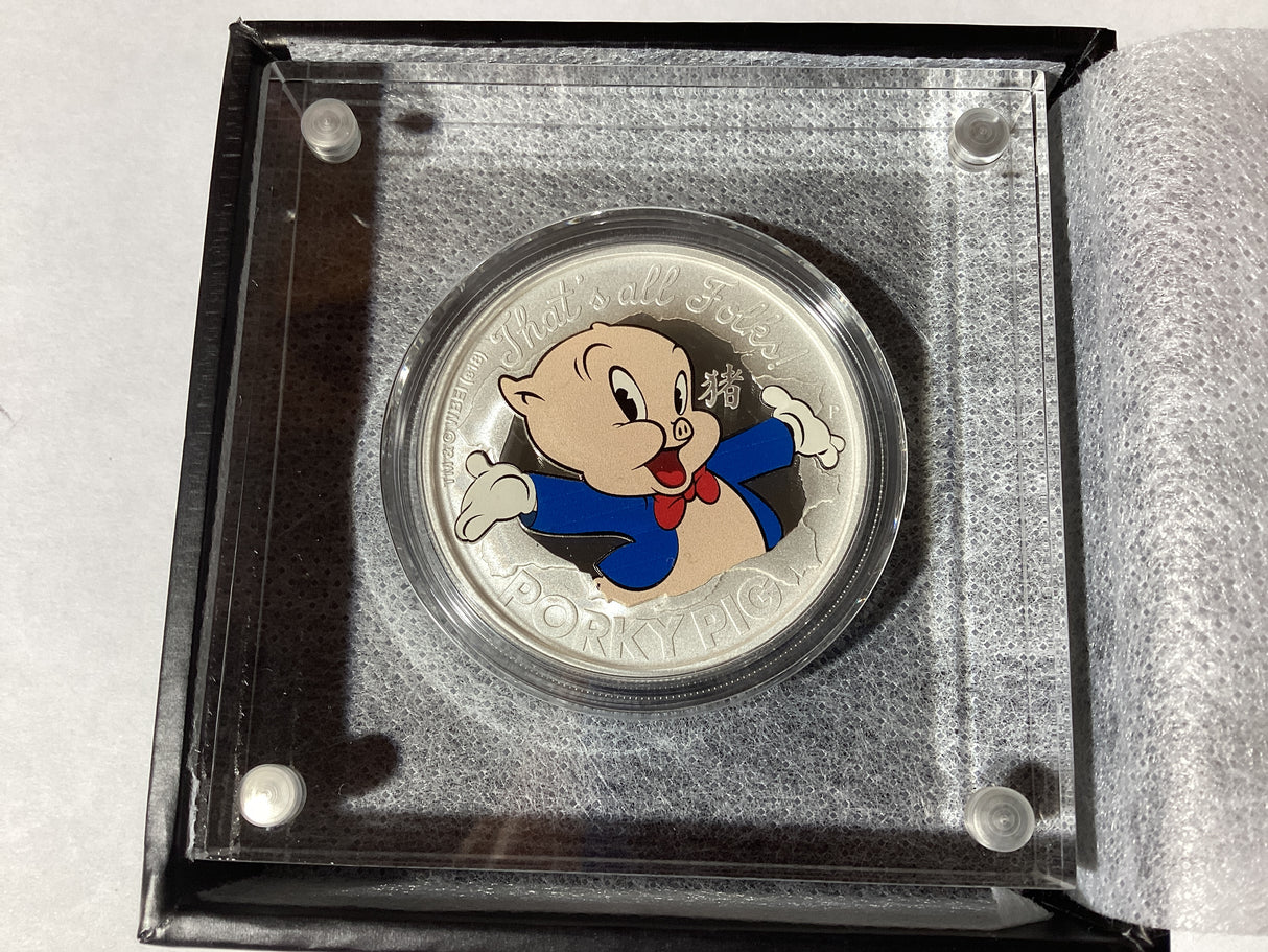 2019 $1 1oz Silver Proof Coloured Coin. Looney Tunes. Porky Pig.