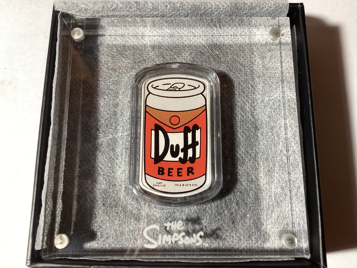 2019 $1 1oz Silver Proof Coloured Coin. The Simpsons. Duff Beer.