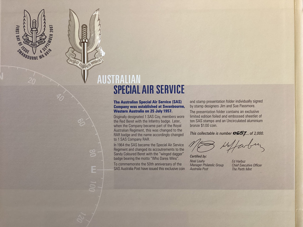 2007 Special Air Services 50th Anniversary. Coin and Stamp Presentation Folder. 2000 made.