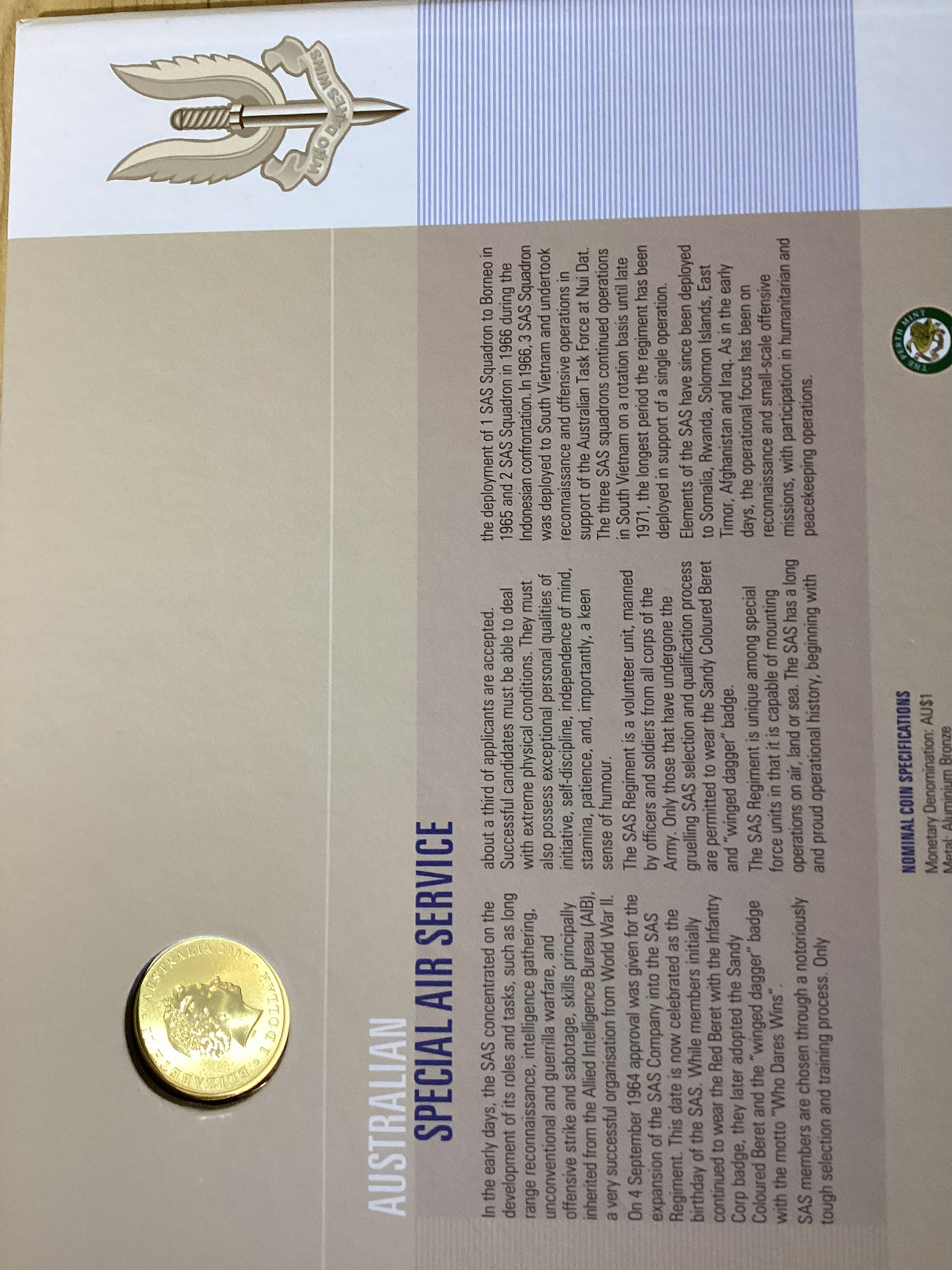 2007 Special Air Services 50th Anniversary. Coin and Stamp Presentation Folder. 2000 made.