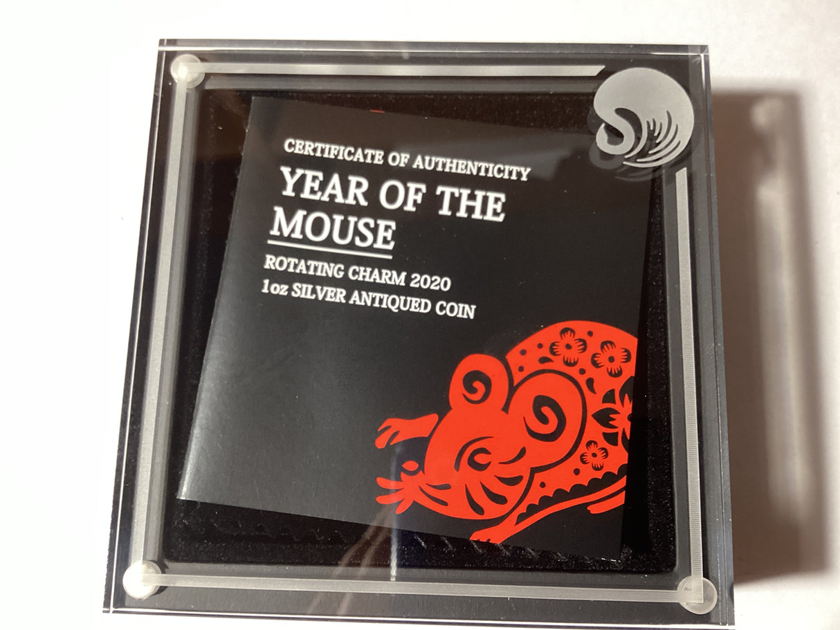 2020 $1 1oz Silver Antiqued Rotating Charm Coin. Year of the Mouse.