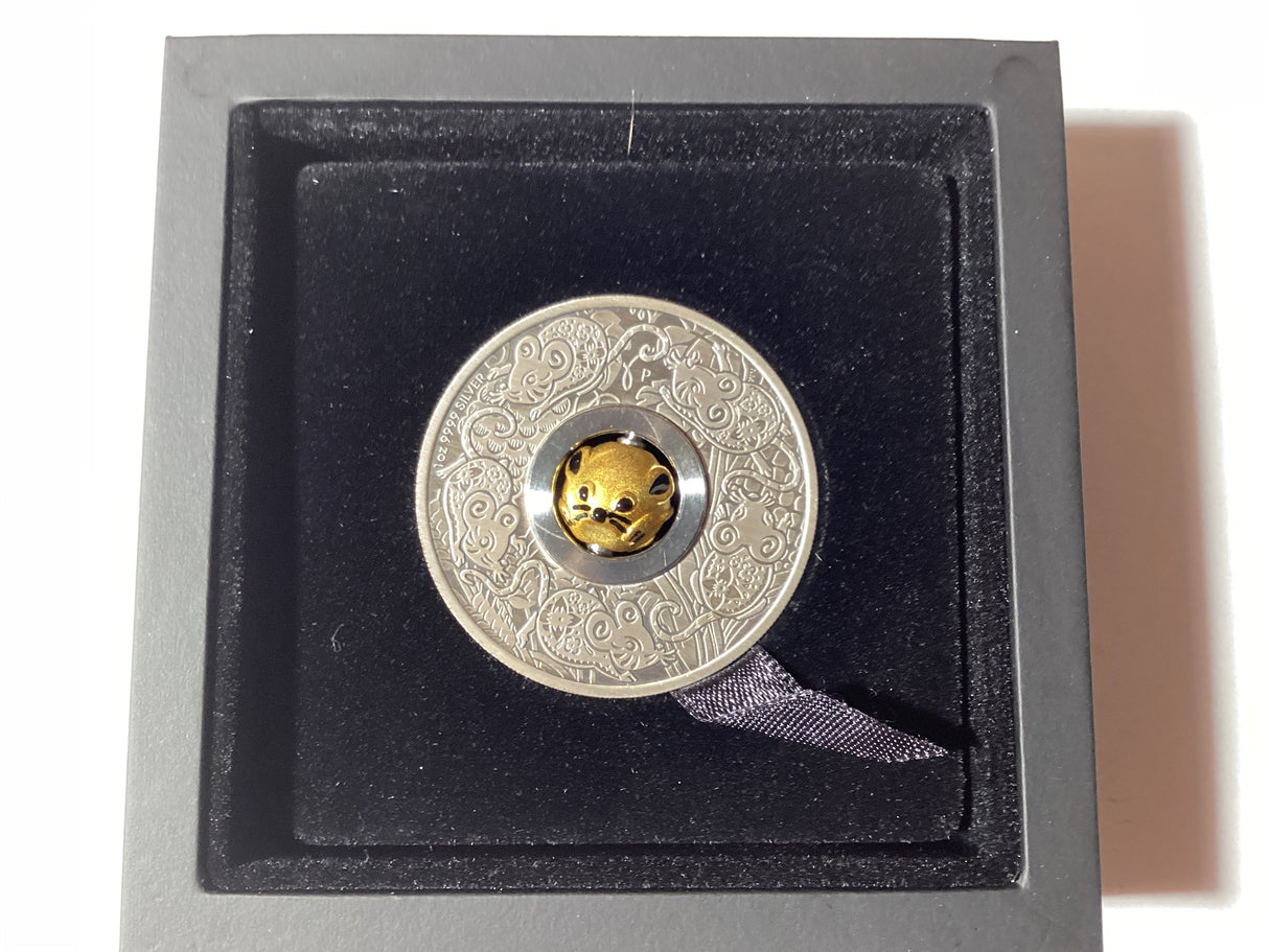 2020 $1 1oz Silver Antiqued Rotating Charm Coin. Year of the Mouse.
