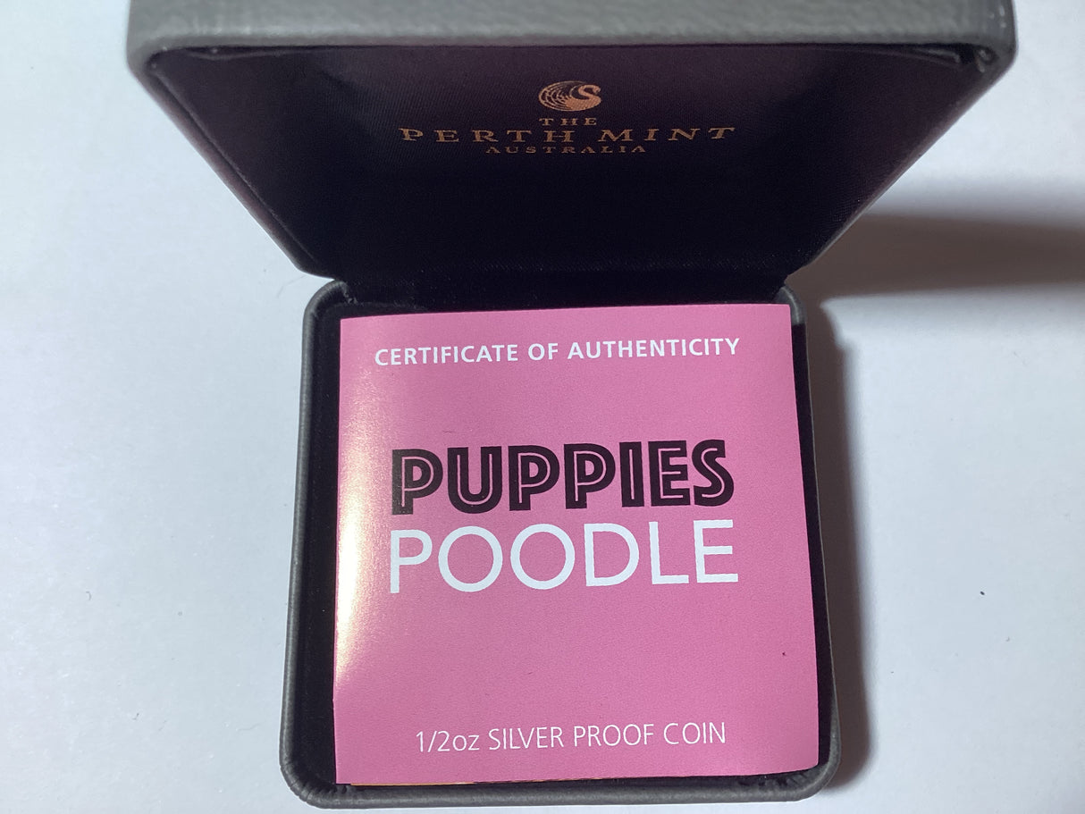2018 50c 1/2oz Coloured Silver Proof Coin. Puppies Series. Poodle.