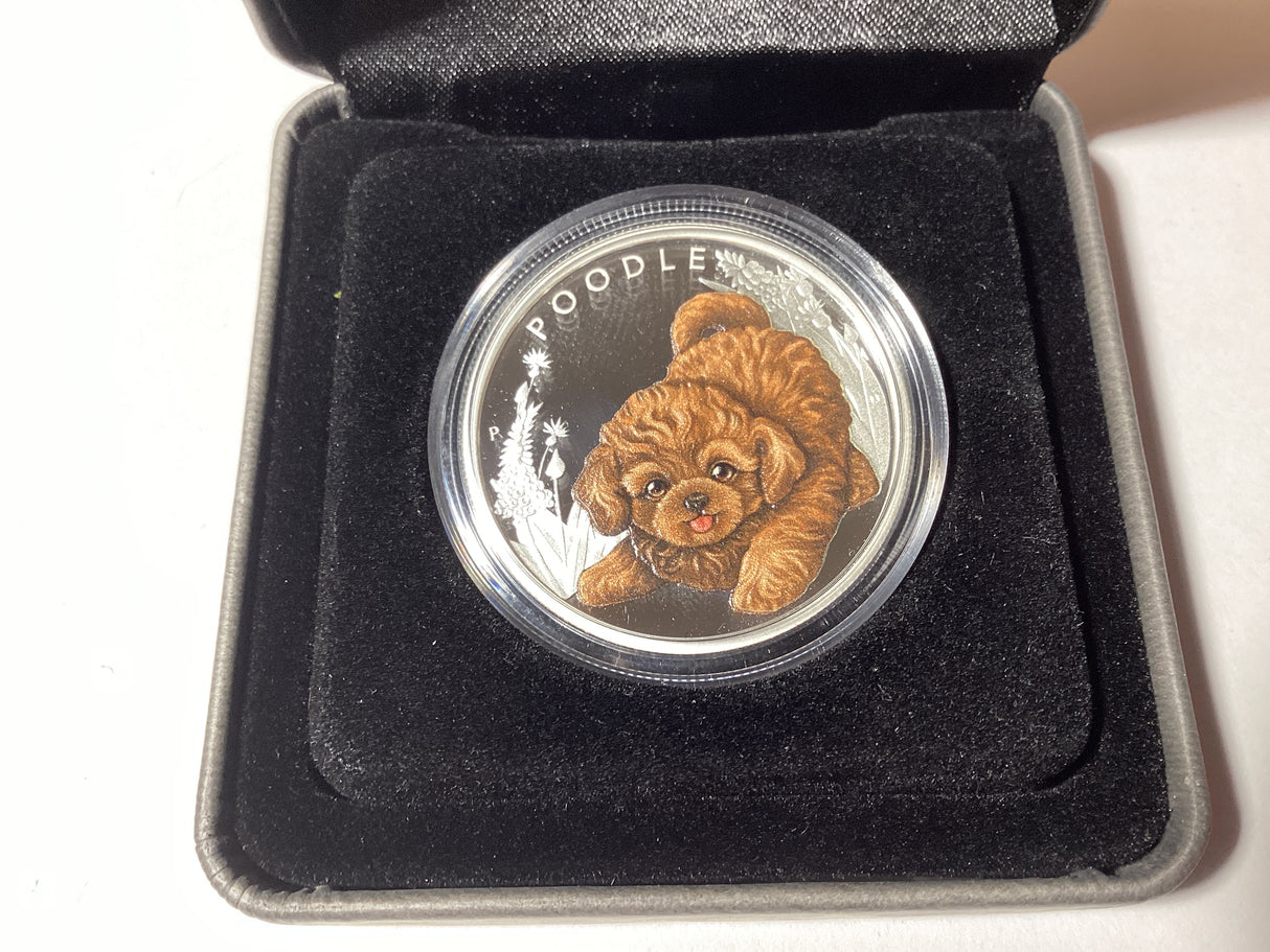 2018 50c 1/2oz Coloured Silver Proof Coin. Puppies Series. Poodle.