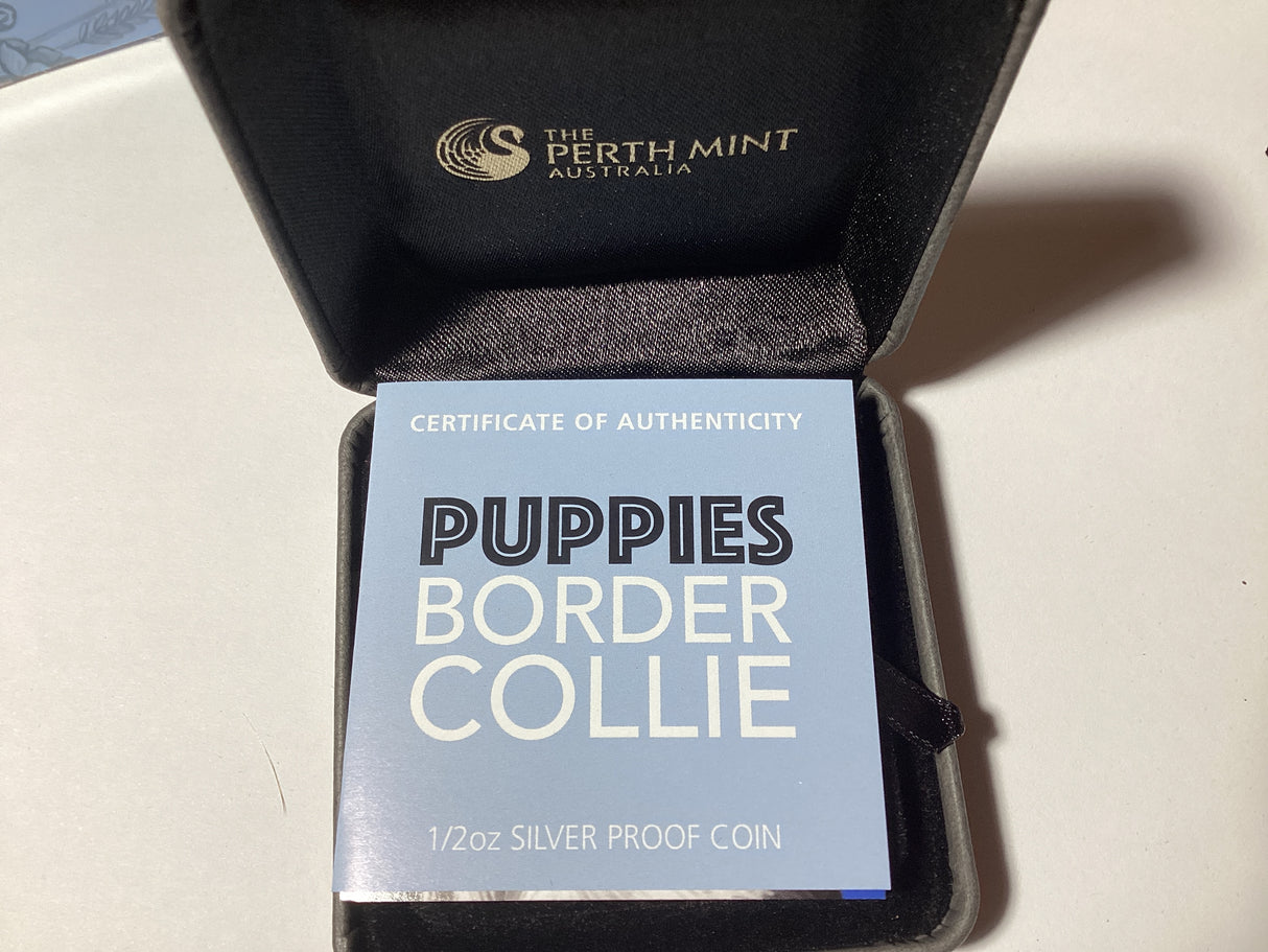 2018 50c 1/2oz Coloured Silver Proof Coin. Puppies Series. Border Collie.