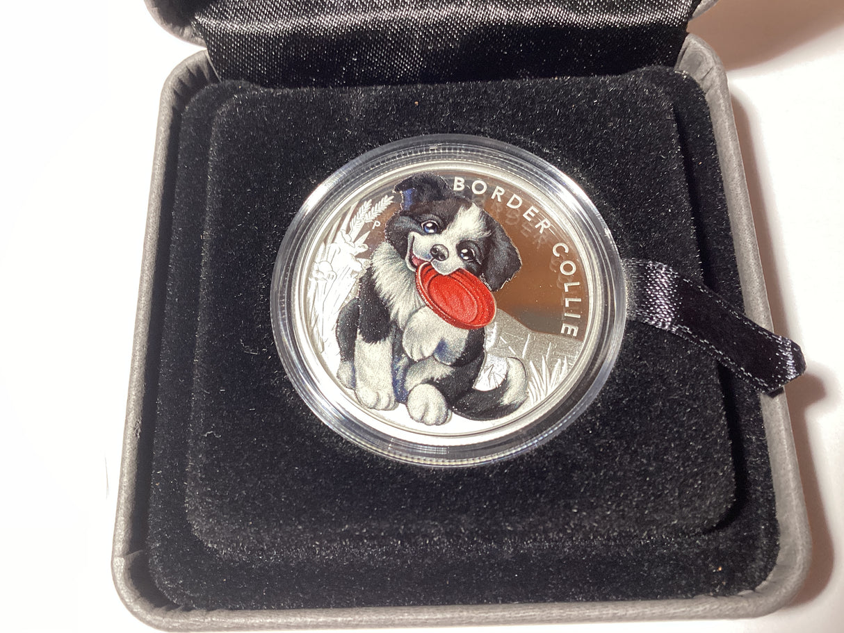 2018 50c 1/2oz Coloured Silver Proof Coin. Puppies Series. Border Collie.