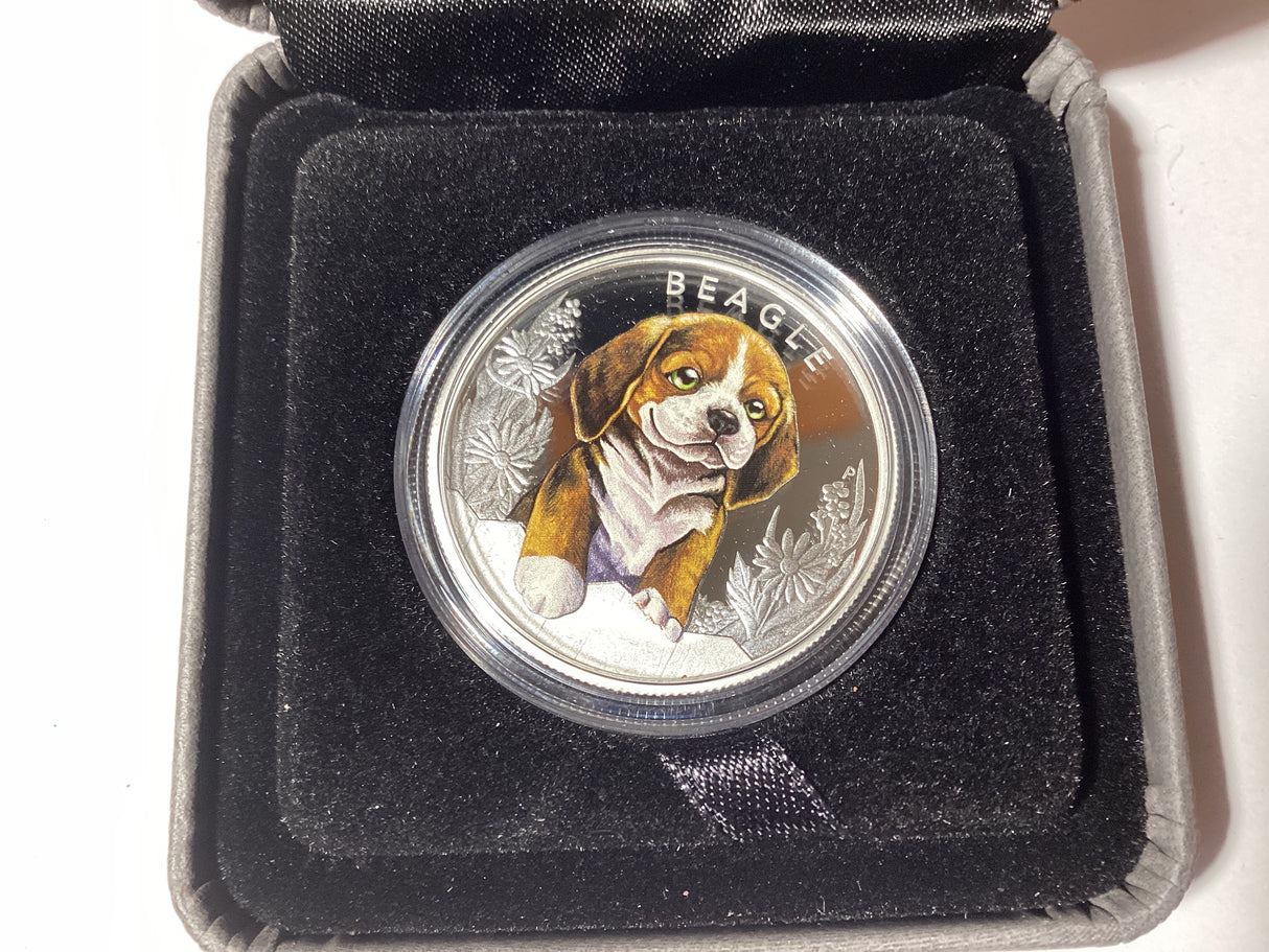 2018 50c 1/2oz Coloured Silver Proof Coin. Puppies Series. Beagle.