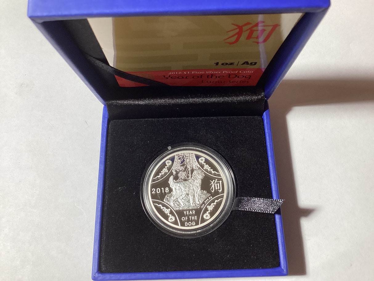 2018 $1 1oz Silver Proof Coin. Lunar Series. Year of the Dog. BLUE BOX