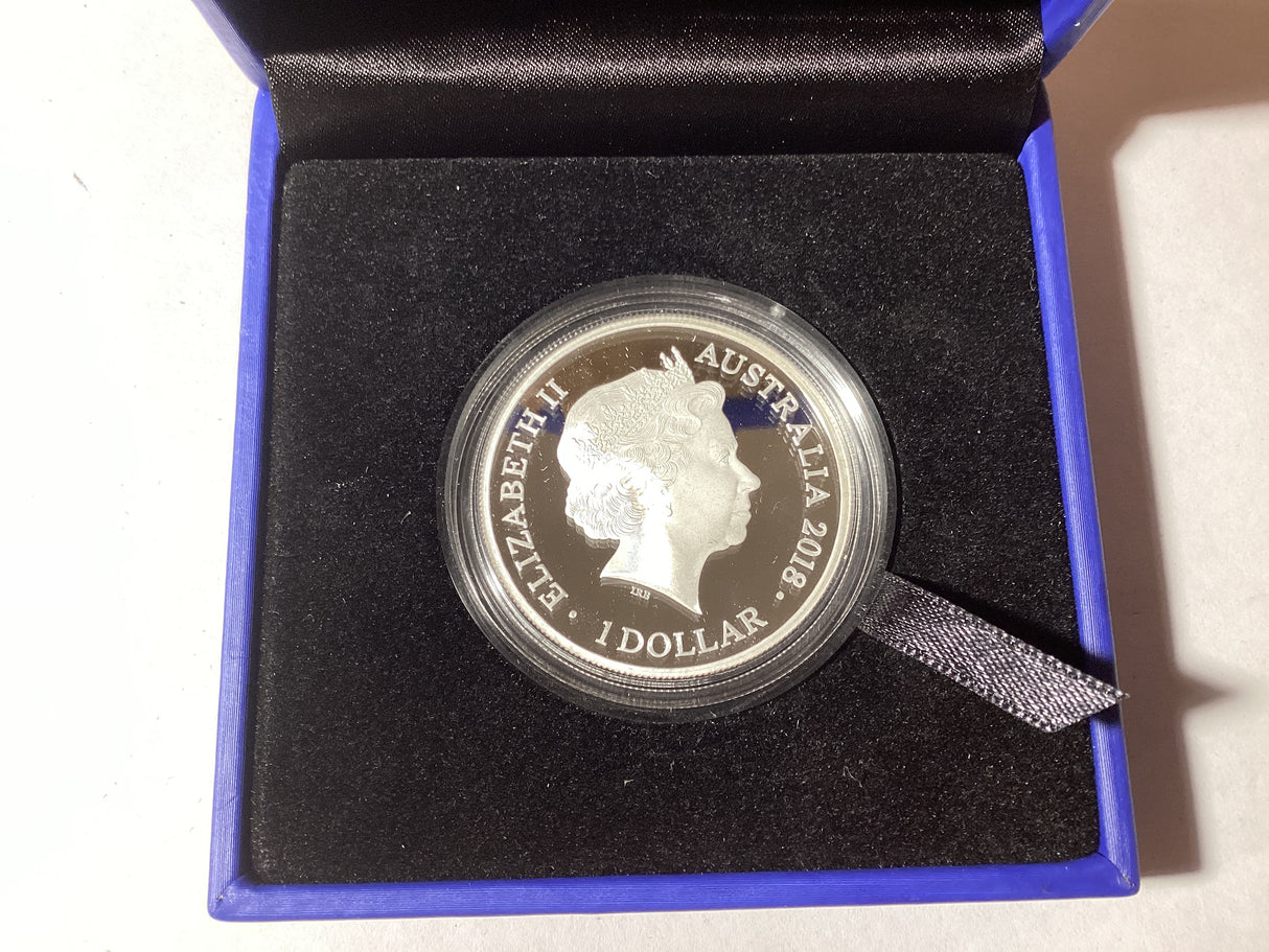 2018 $1 1oz Silver Proof Coin. Lunar Series. Year of the Dog. BLUE BOX