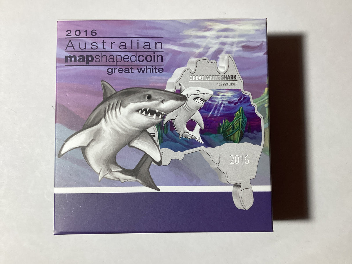 2016 $1 1oz Silver Proof Coin. Australian Map Shaped Coin Series. Great White Shark.