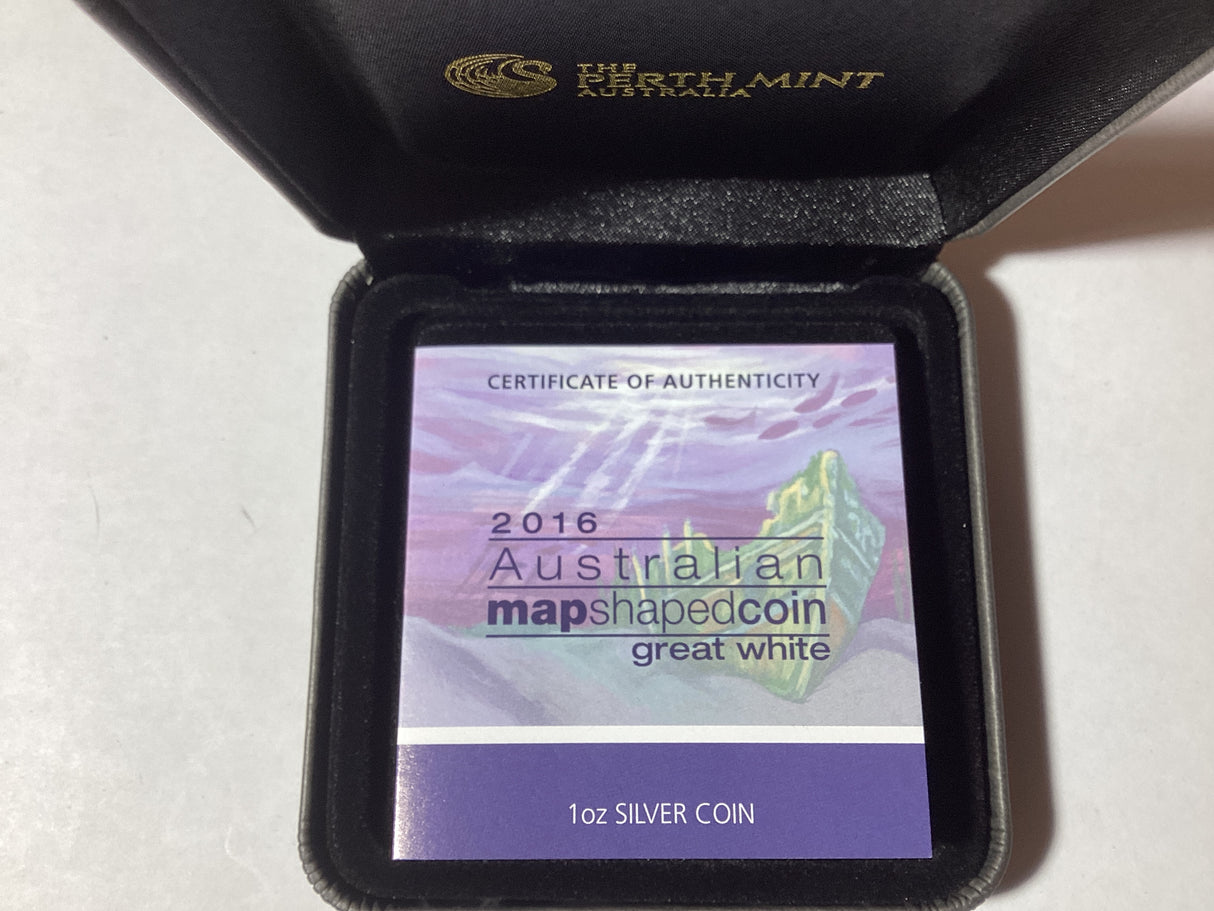 2016 $1 1oz Silver Proof Coin. Australian Map Shaped Coin Series. Great White Shark.